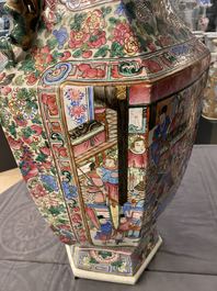 A large Chinese hexagonal famille rose vase, 19th C.
